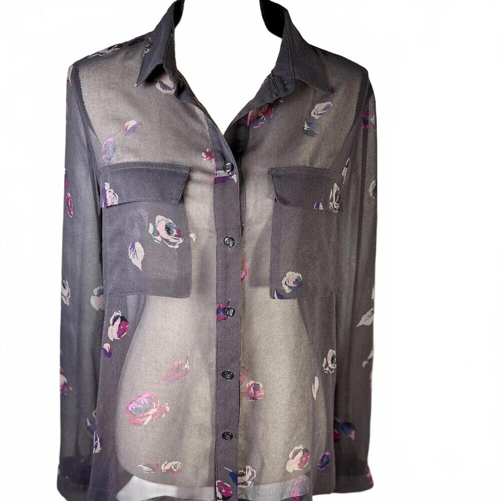 Gap Dark Purple Floral Sheer Long Sleeve Button-Down Top Women's Size Medium